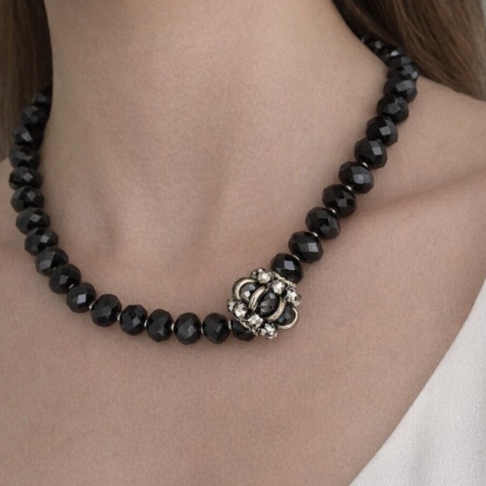 Black Faceted Crystal Beaded Statement Necklace w/ Silver Cluster Accent